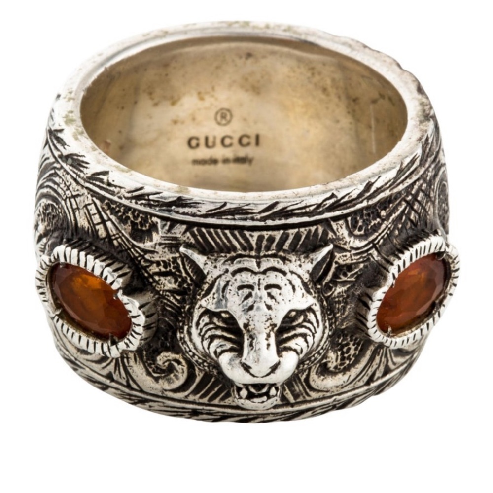 GUCCI SILVER GARNET RING TIGER HEAD